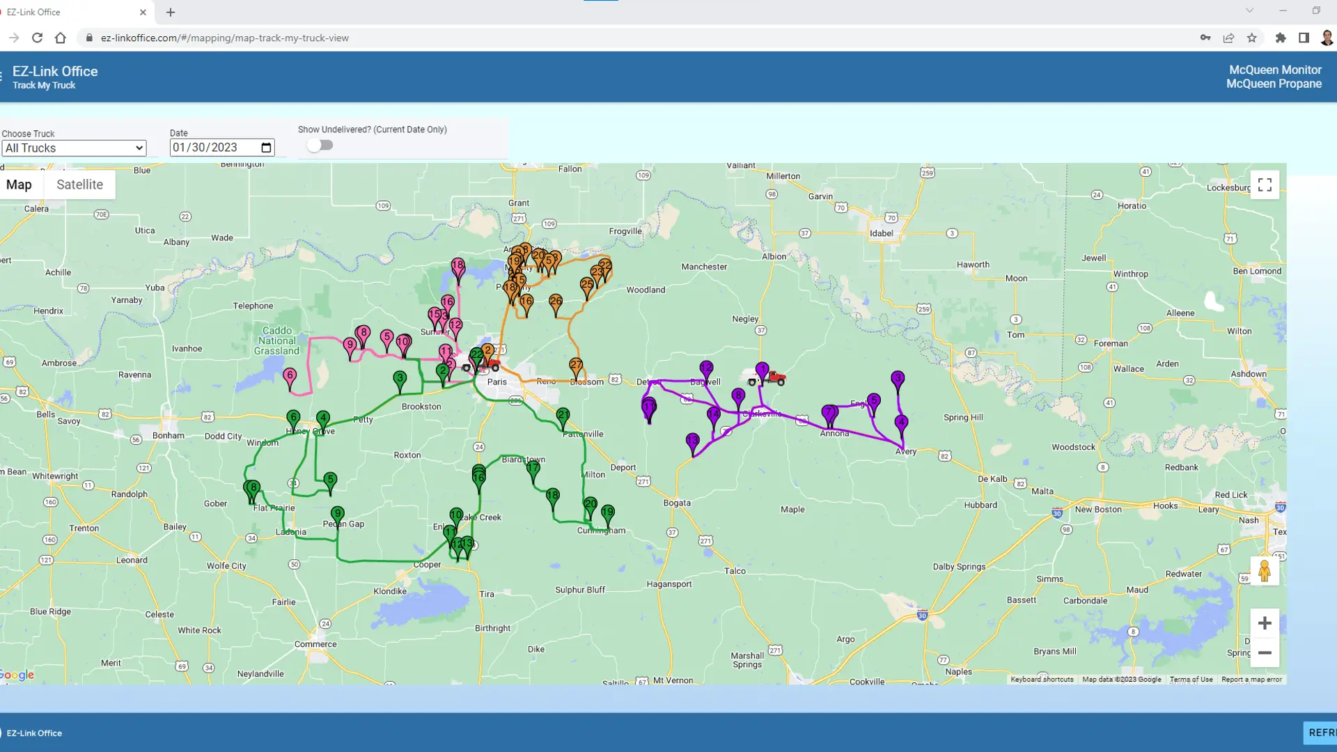 Photo of a map showing EZ Link IT Solution truch tracking locations