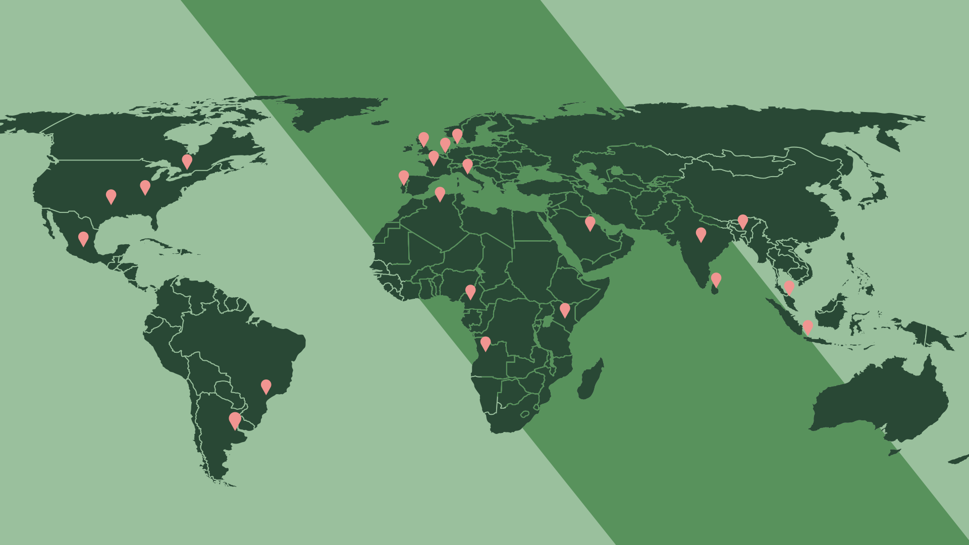 green illustration of a world map with light red pins